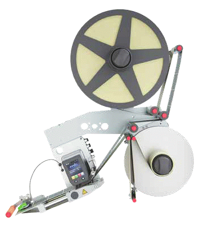 Automatick� vysokorychlostn� etiketovac� hlava IXOR+ 124L pro rychlost p�su etiket a� 120m /min. s motorick�m odv�je�em etiket o pr�m�ru 410 mm, motorick�m nav�je�em a induk�n�m senzorem CEON ve vertik�ln� mont�i.