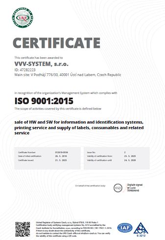 Certifikát řízení kvality dle normy ISO 9001:2015 v anglickém jazyce. Certifikát řízení kvality dle normy ISO 9001:2015 v anglickém jazyce.