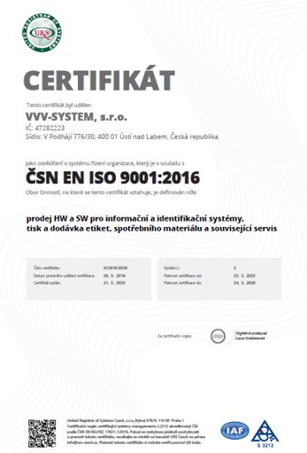 Certifikt zen kvality dle normy SN EN ISO 9001:2016 v eskm jazyce.