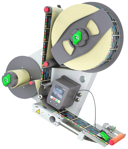Automatick� etiketovac� hlava ROXI 120R pro rychlost p�su etiket a� 30m /min. s mechnaick�m odv�je�em etiket o pr�m�ru 310 mm, mechanick�m nav�je�em a induk�n�m senzorem CEON ve vertik�ln� mont�i.