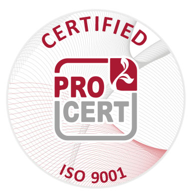 Přidělená certifikační značka k certifikátu řízení kvality dle normy ISO 9001:2015 v anglickém jazyce. Přidělená certifikační značka k certifikátu řízení kvality dle normy ISO 9001:2015 v anglickém jazyce.